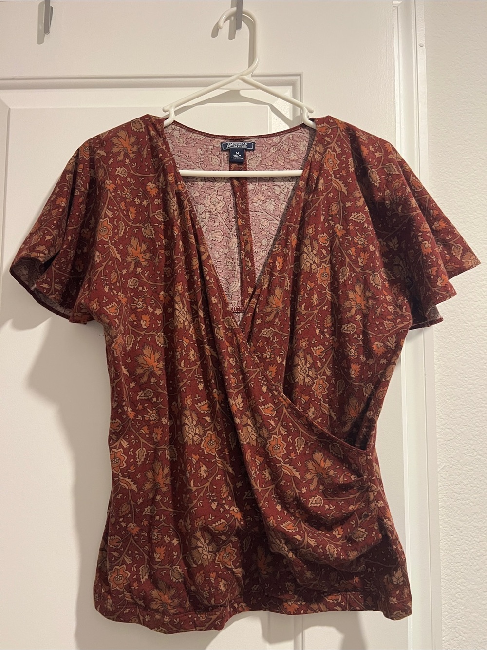 American Living Red Floral Wrap Top with Flutter Sleeves